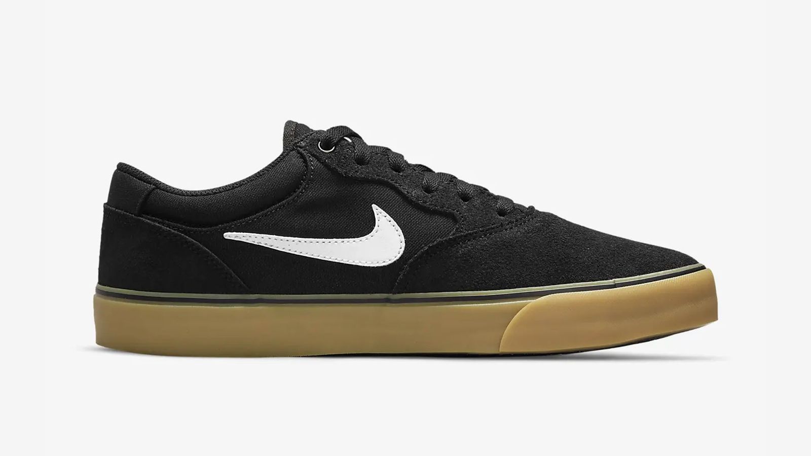 Nike SB Chron 2 product image of a black sneaker with white Swoosh and gum sole.