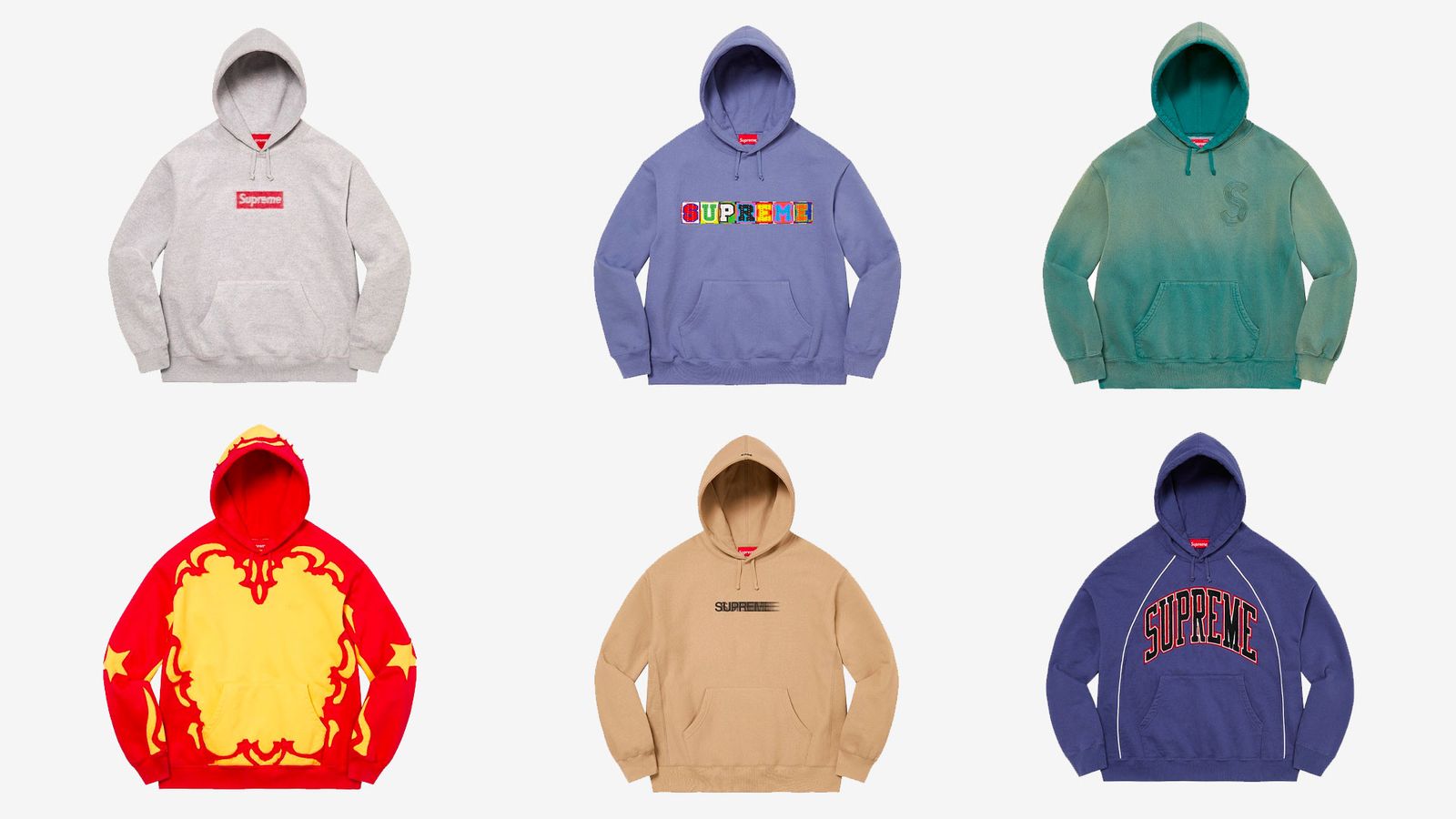 Supreme Spring/Summer 2023 collection - A collection of sweatshirts ranging from grey to red.