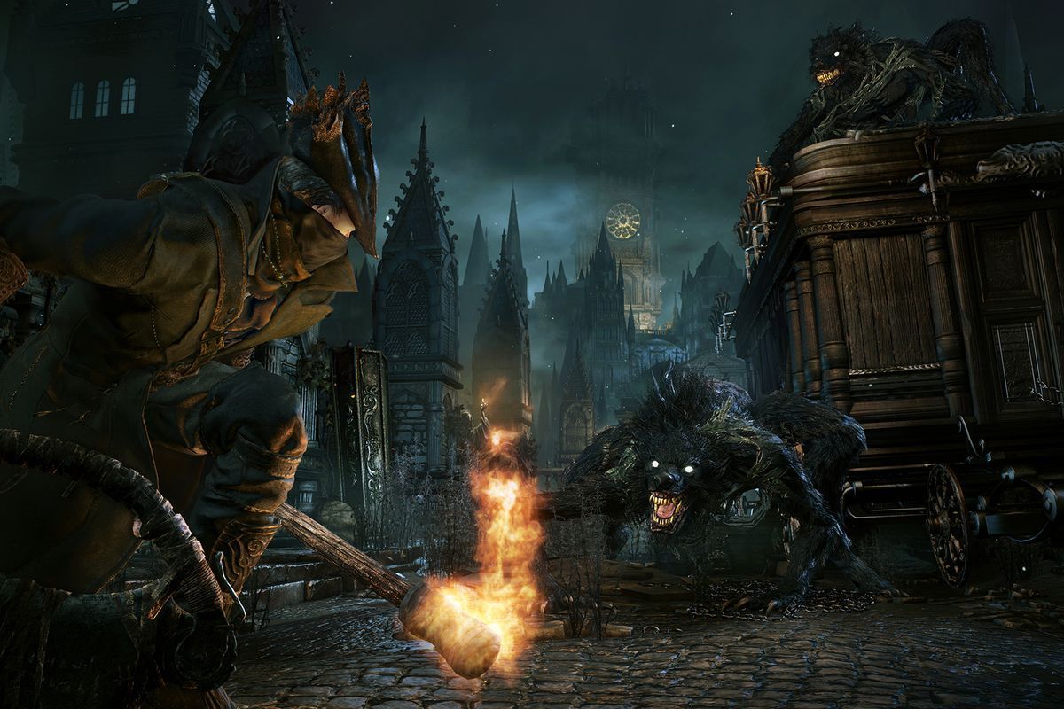 bloodborne im-game screenshot of the protagonist in battle with a wolf creature