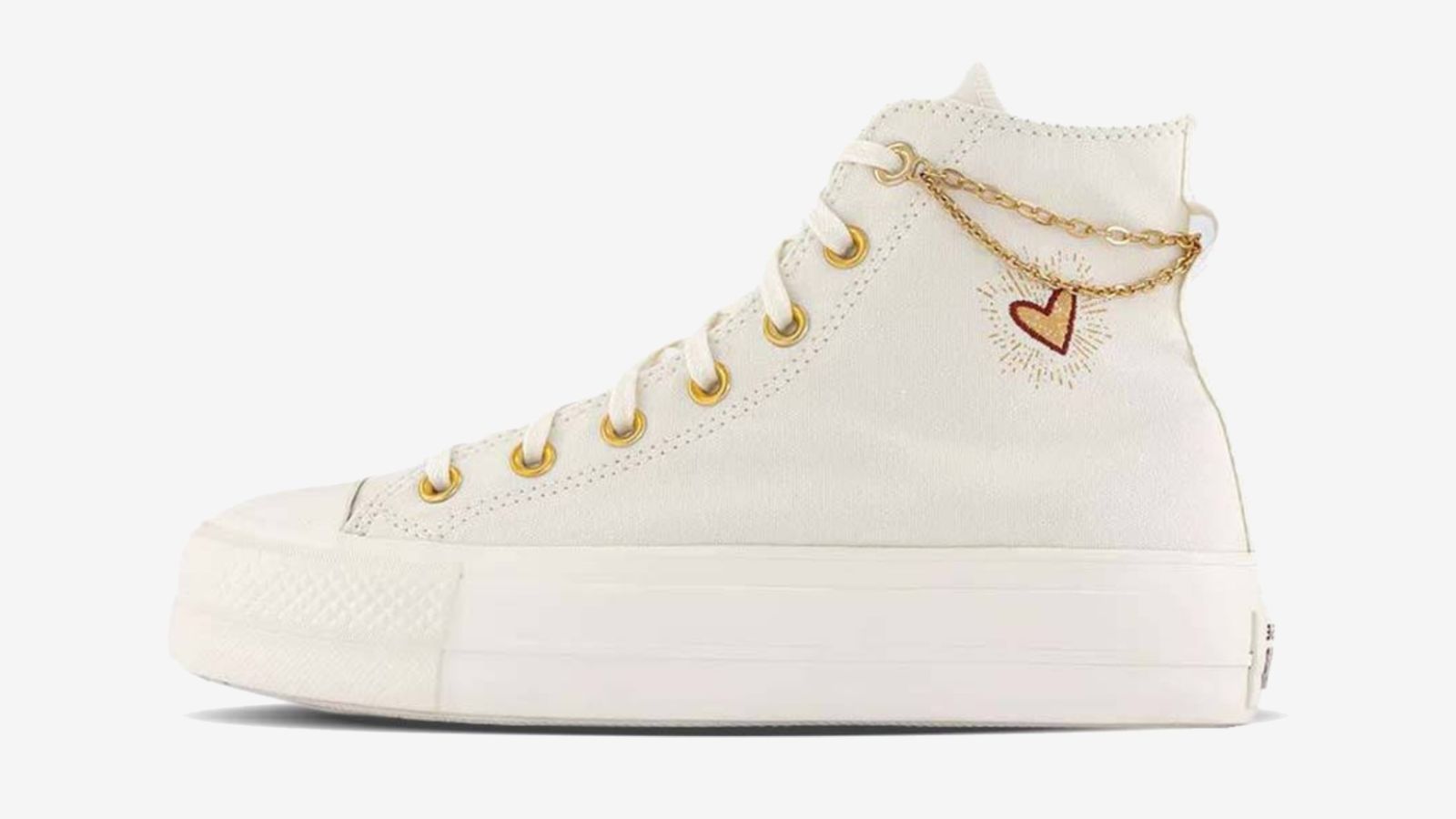 Converse Chuck Taylor Lift Platform Hi "Gold Chain" product image of an erget-coloured high-top with a gold chain around the ankle and a golden heart stitched to the side.