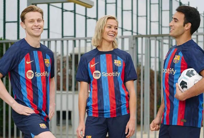 Best football kits 2022/23 Barcelona home kit product image of a red and dark blue striped strip.