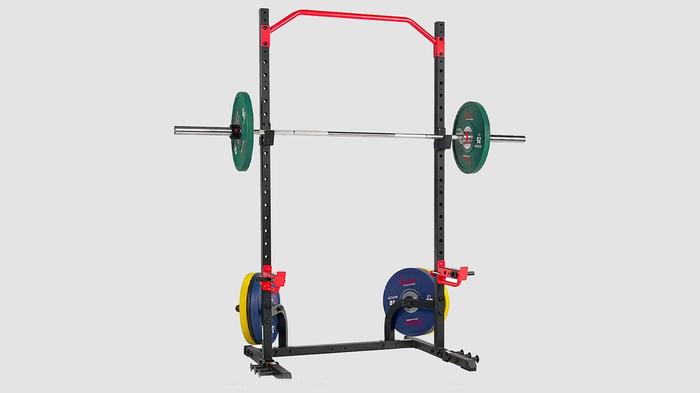 Best squat rack Sunny Health & Fitness product image of black half cage with red accents
