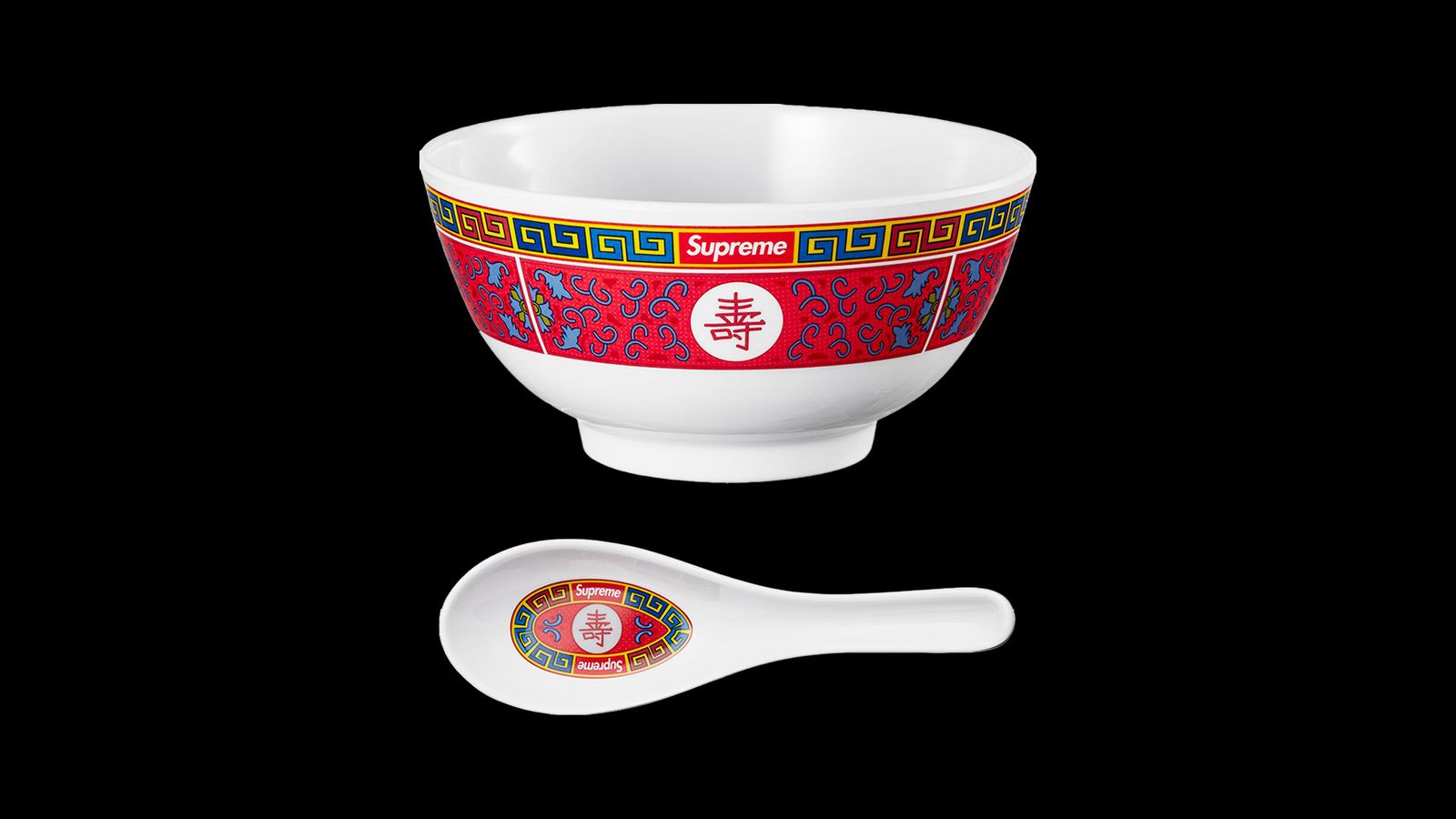 Supreme Longevity Soup Set product image of a white bowl and soup spoon featuring a red and blue pattern.