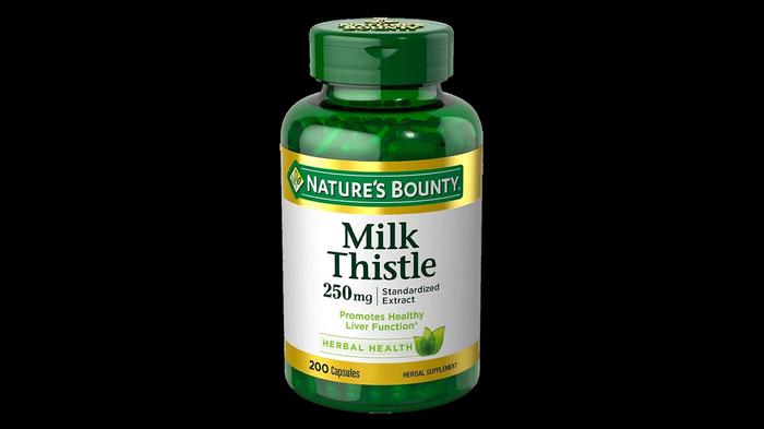 Best milk thistle supplement Nature's Bounty product image of a green bottle with a white and gold label.