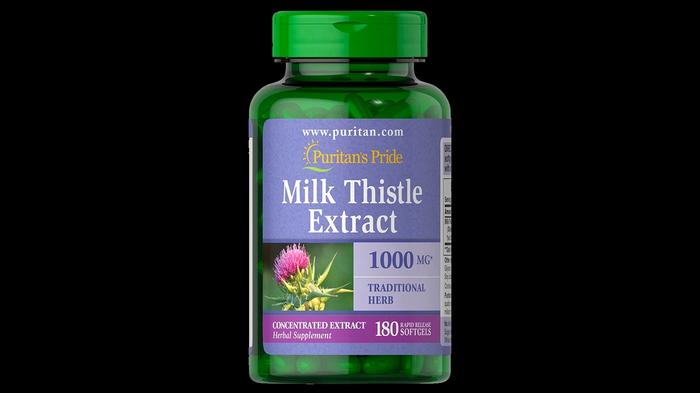 Best milk thistle supplement Puritan's Pride product image of a green bottle with a purple and blue label.