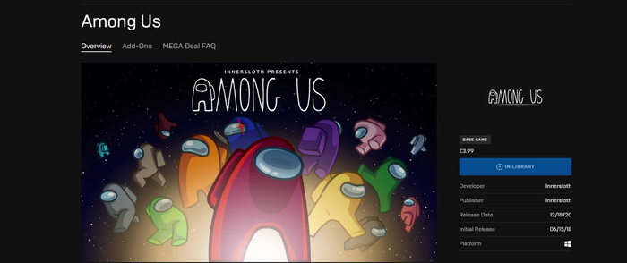 The Epic Games Store Page for Among Us, used to get the items in Fortnite.