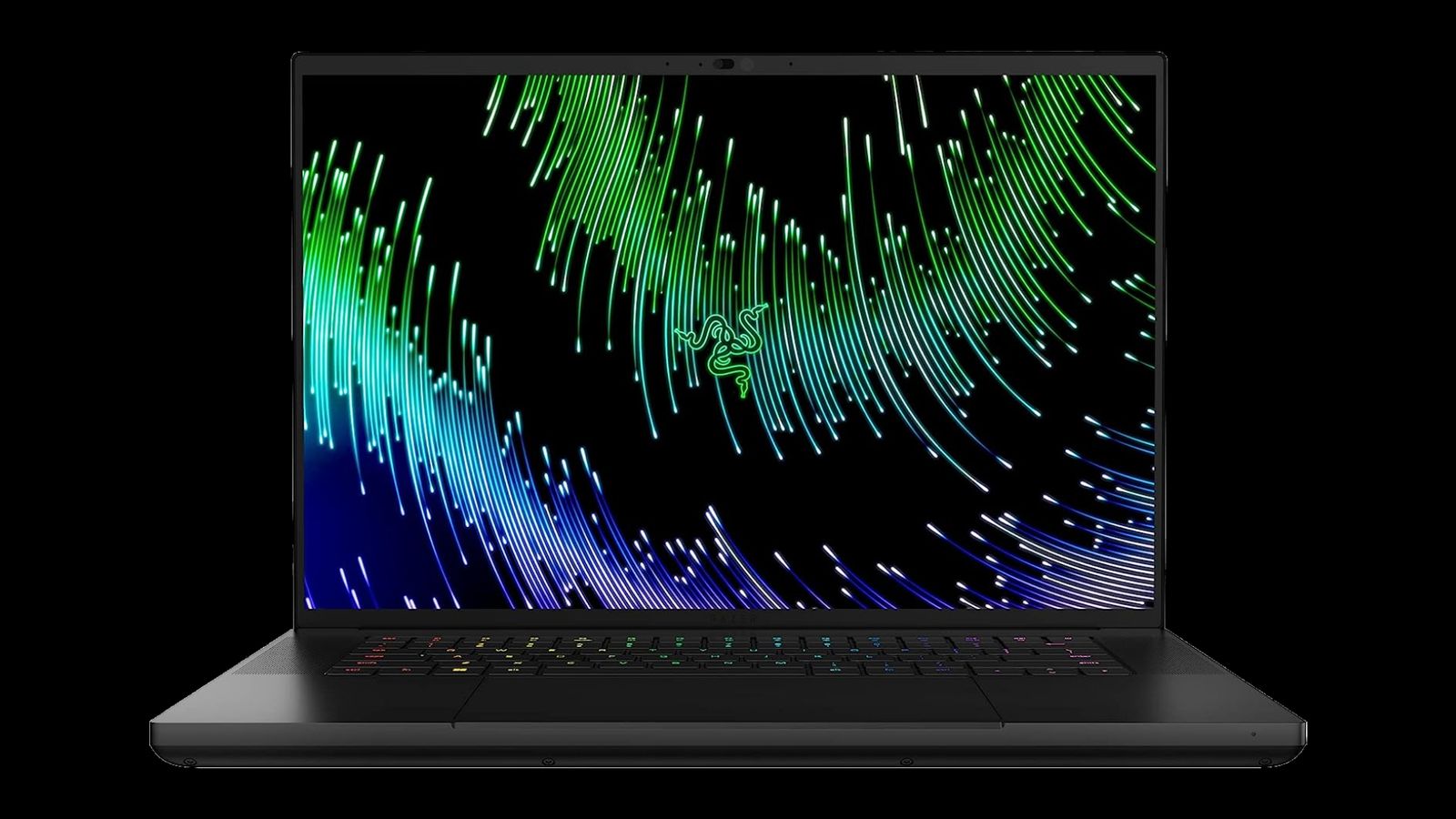 Razer Blade 16 product image of a black gaming laptop featuring a blue and green pattern on the display.