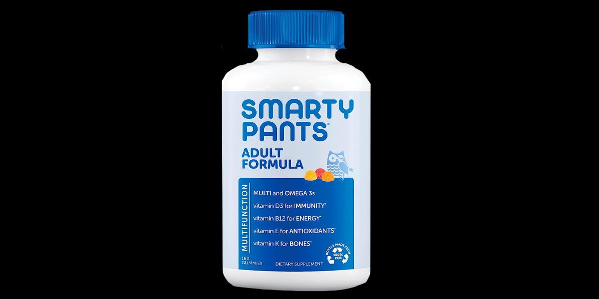 SmartyPants Daily Multivitamin product image of a white container featuring blue branding and a lid.