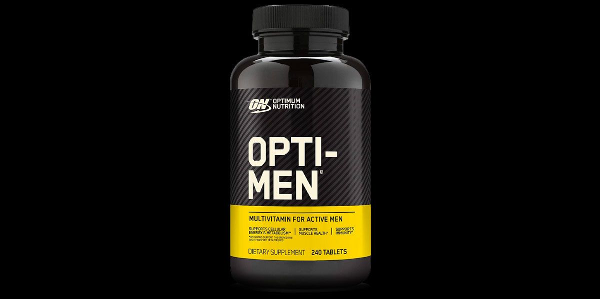 Optimum Nutrition Opti-Men product image of a black container featuring yellow and white branding.
