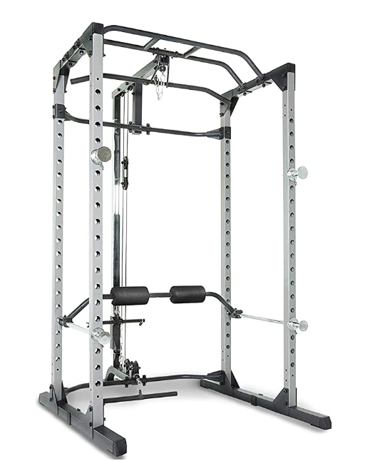 Best squat rack Fitness Reality product image of a silver power cage with pull-up bars and a lat pulldown attachment