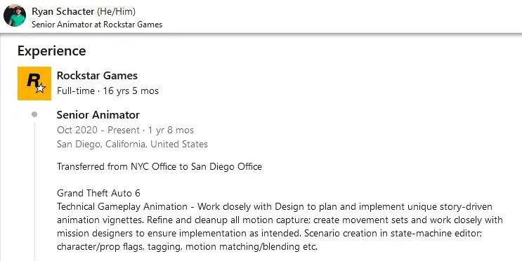 A screenshot of a Rockstar Employee's LinkedIn page featuring details about GTA 6