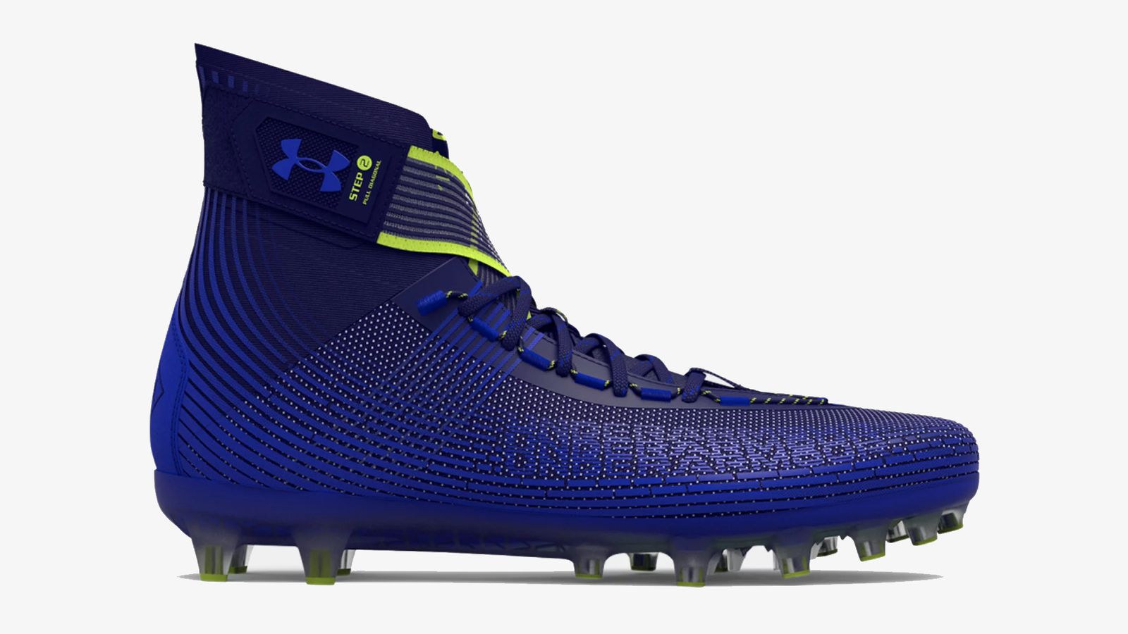 Under Armour Highlight MC product image of a dark blue high-top featuring volt yellow details.