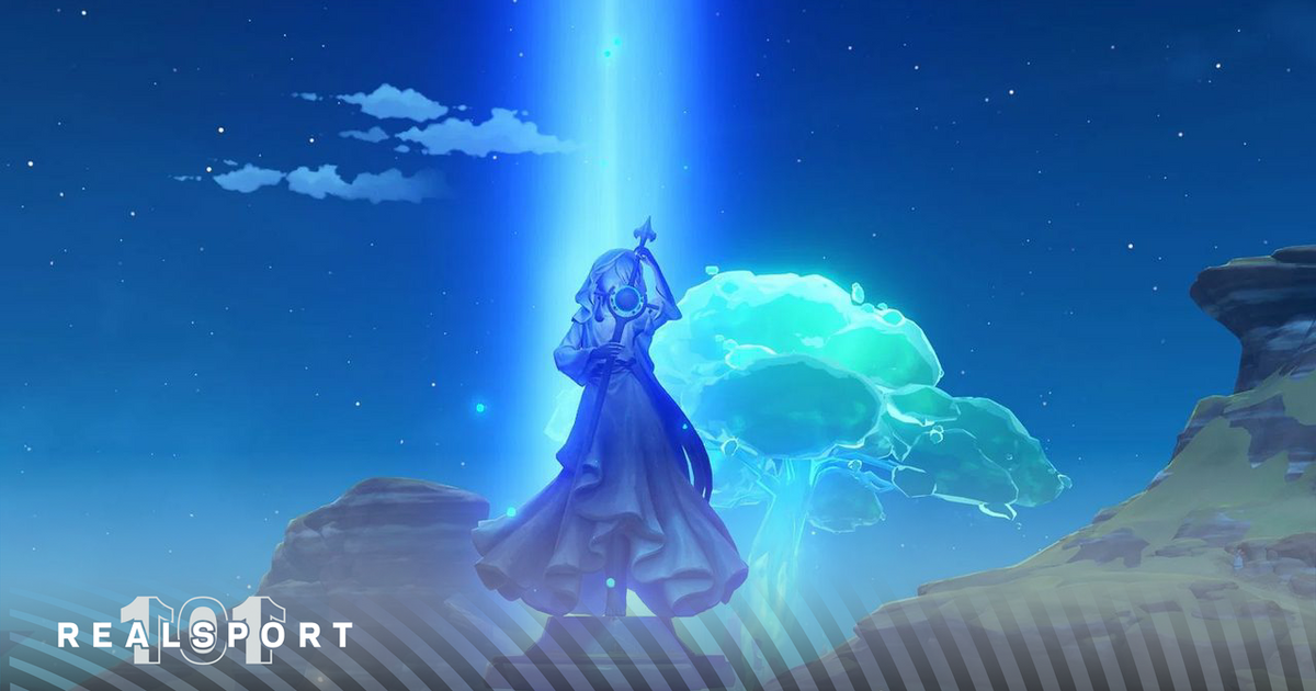 A screenshot of the one of the Statues of Seven in Genshin Impact.