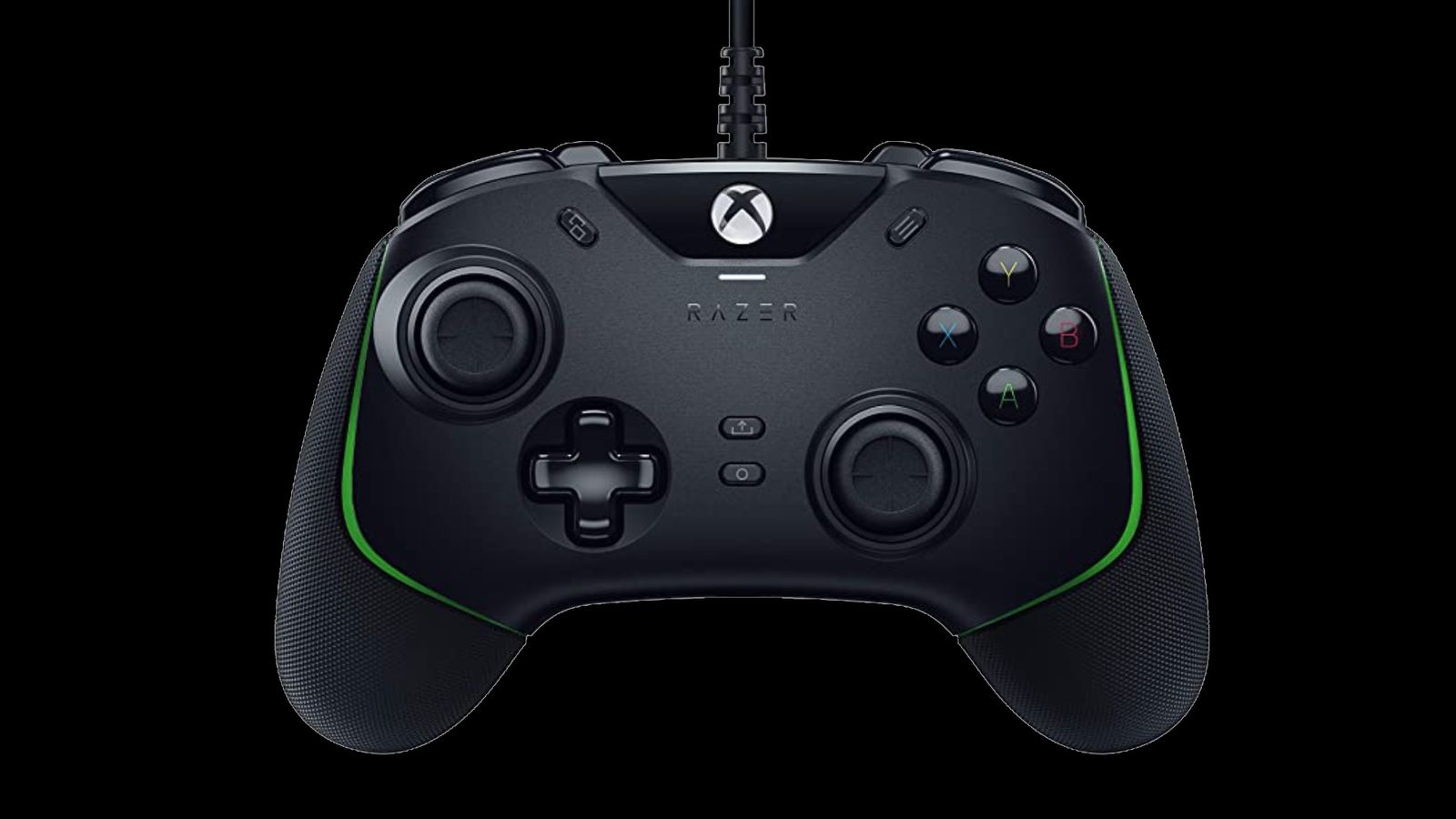 Razer Wolverine V2 product image of a black Xbox-style controller with green accents.