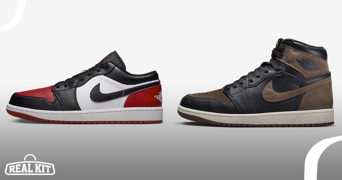 Jordan 1 Low in white, black, and red next to a black leather and brown suede Jordan 1 High.