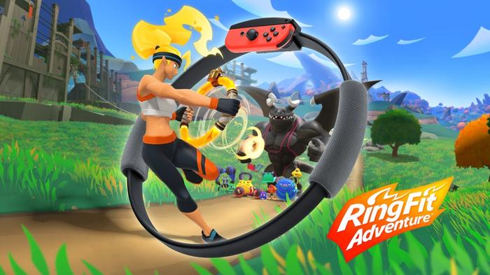 Best fitness video games Nintendo product image of the Ring Fit packaging featuring a girl holding off monsters