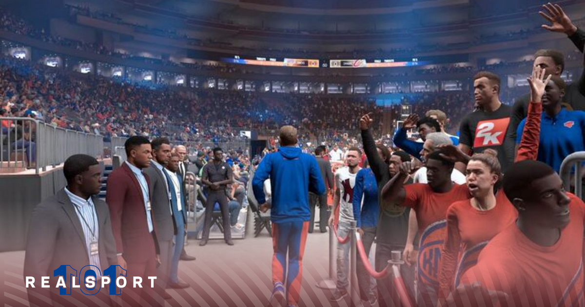 A Knicks player entering the arena for a basketball game in NBA 2K24