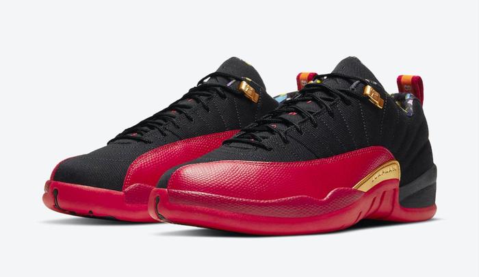 Best Air Jordan 12 colorways "Super Bowl" product image of a pair of black low-top sneakers with red overlays and gold accents.