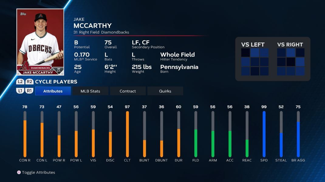 Jake McCarthy's player rating card in MLB The Show 23