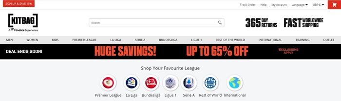 Kitbag website image of the homepage where you can buy kits by league.