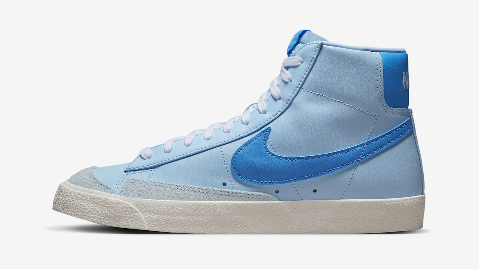 Nike Blazer product image of a light blue high-top with a dark blue Swoosh along the side.