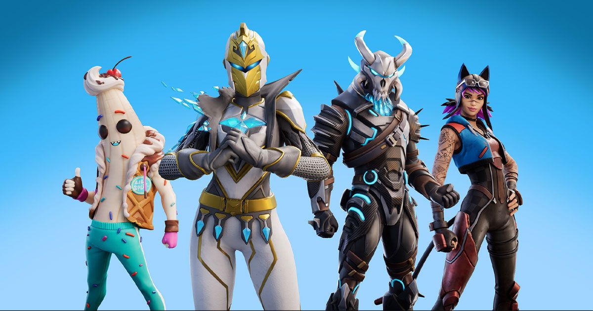 Four Fortnite characters in a line in front of a blue background.
