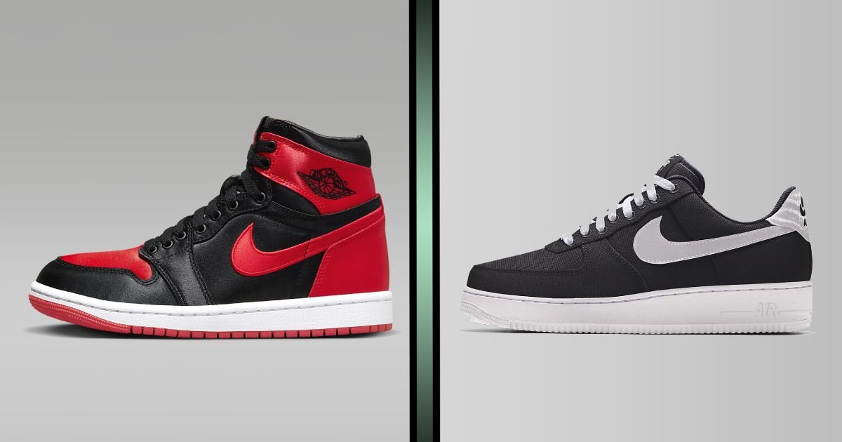 A black and red satin high-top Jordan on one side. On the other, a black Air Force 1 Low featuring a white midsole, heel, and Swoosh down the sidewall.
