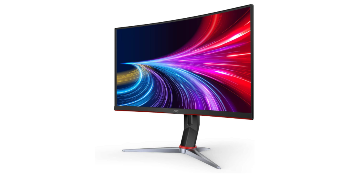 Best controller for Halo Infinite LG product image of a curved monitor with sweeping multicoloured lines on the display.