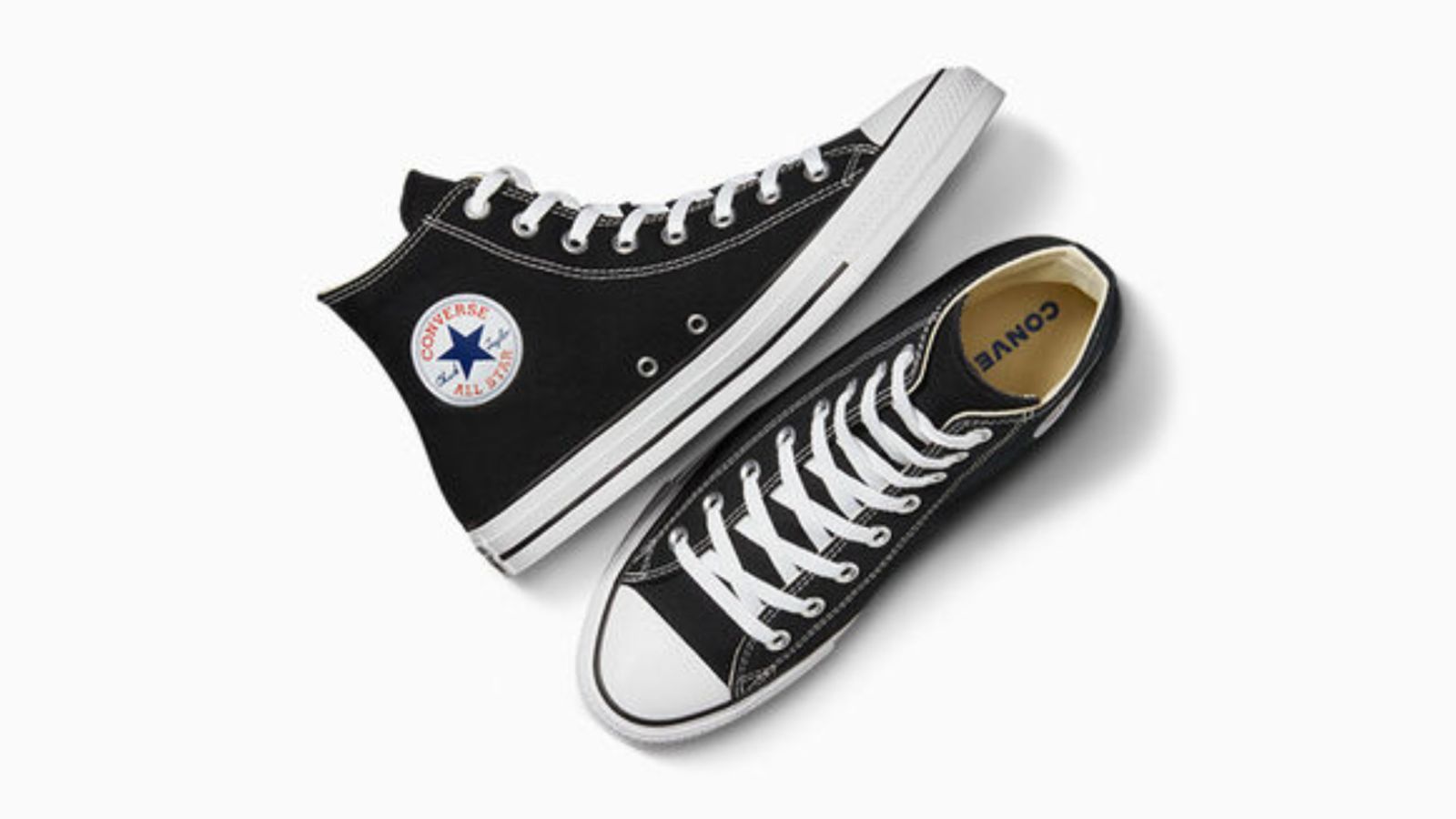 Converse product image of a pair of black high-top Chuck Taylor All Stars with white details and laces and All Star branding in blue and white.