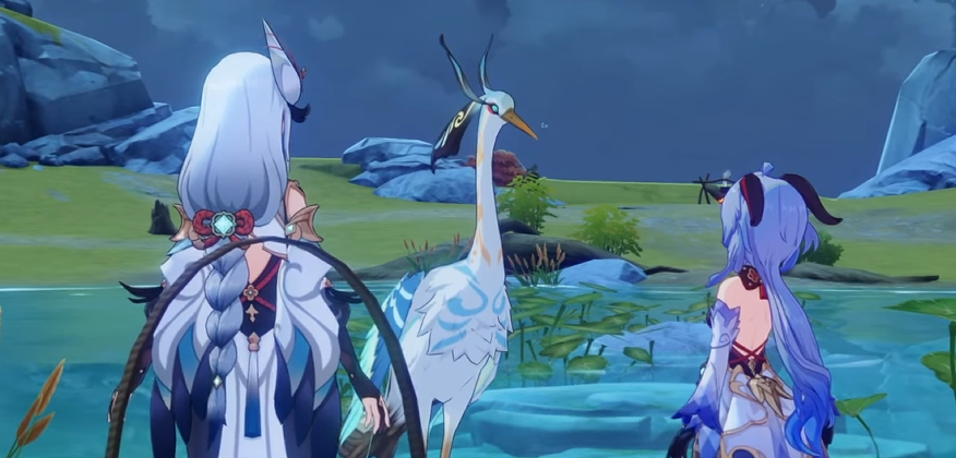 A screenshot of Genshin Impact Cloud Retainer in her crane form with Shenhe and Ganyu.