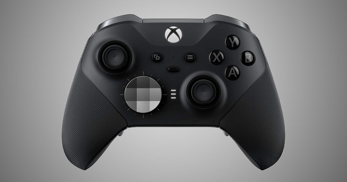Xbox Elite Series 2 product image of a black Xbox gamepad with a gradient pad on the left.