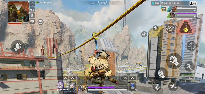 Apex Legends Mobile character Bloodhound using a zipline to travel.