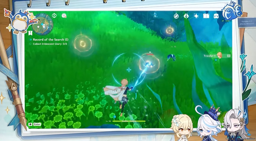 A screenshot of the Genshin Impact 4.2 flagship event: "Thelxie's Fantastic Adventures" second stage challenge "Record of the Search"