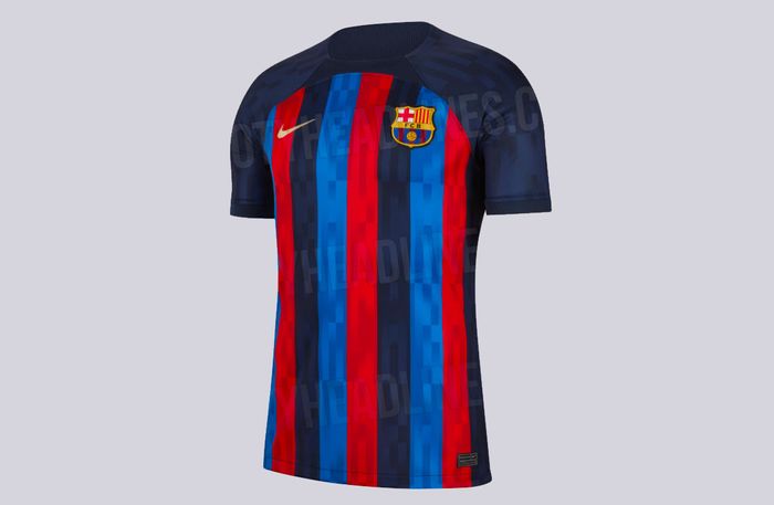 Barcelona home kit 2022/23 render image of a dark blue shirt with red and lighter blue stripes.