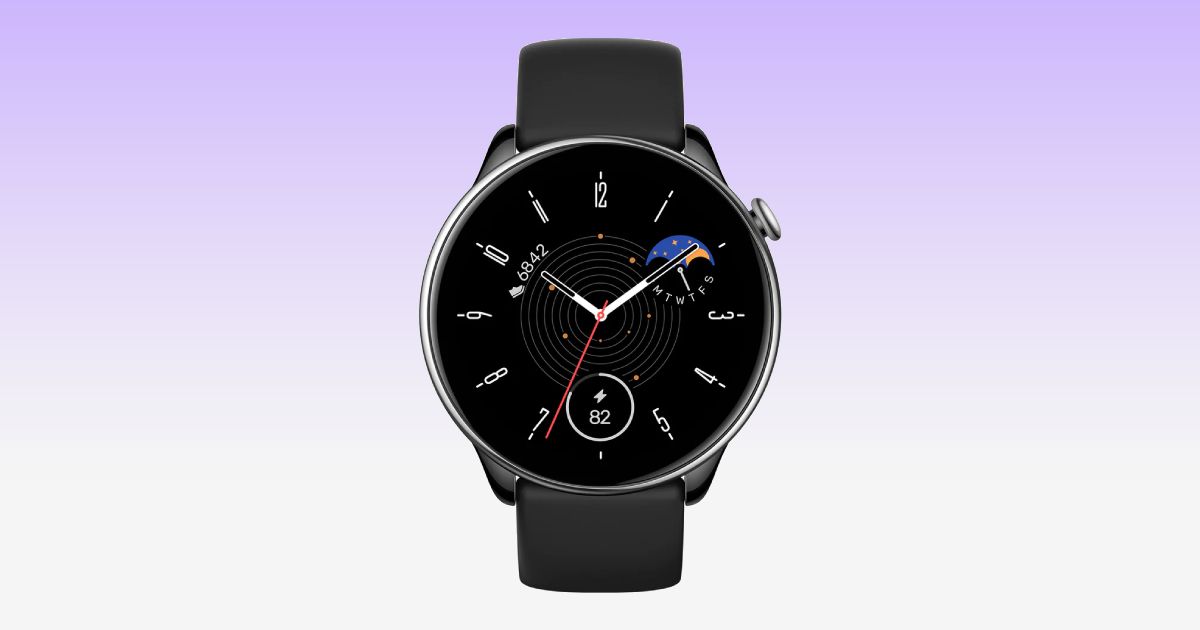 A black smartwatch in front of a white and purple gradient background.
