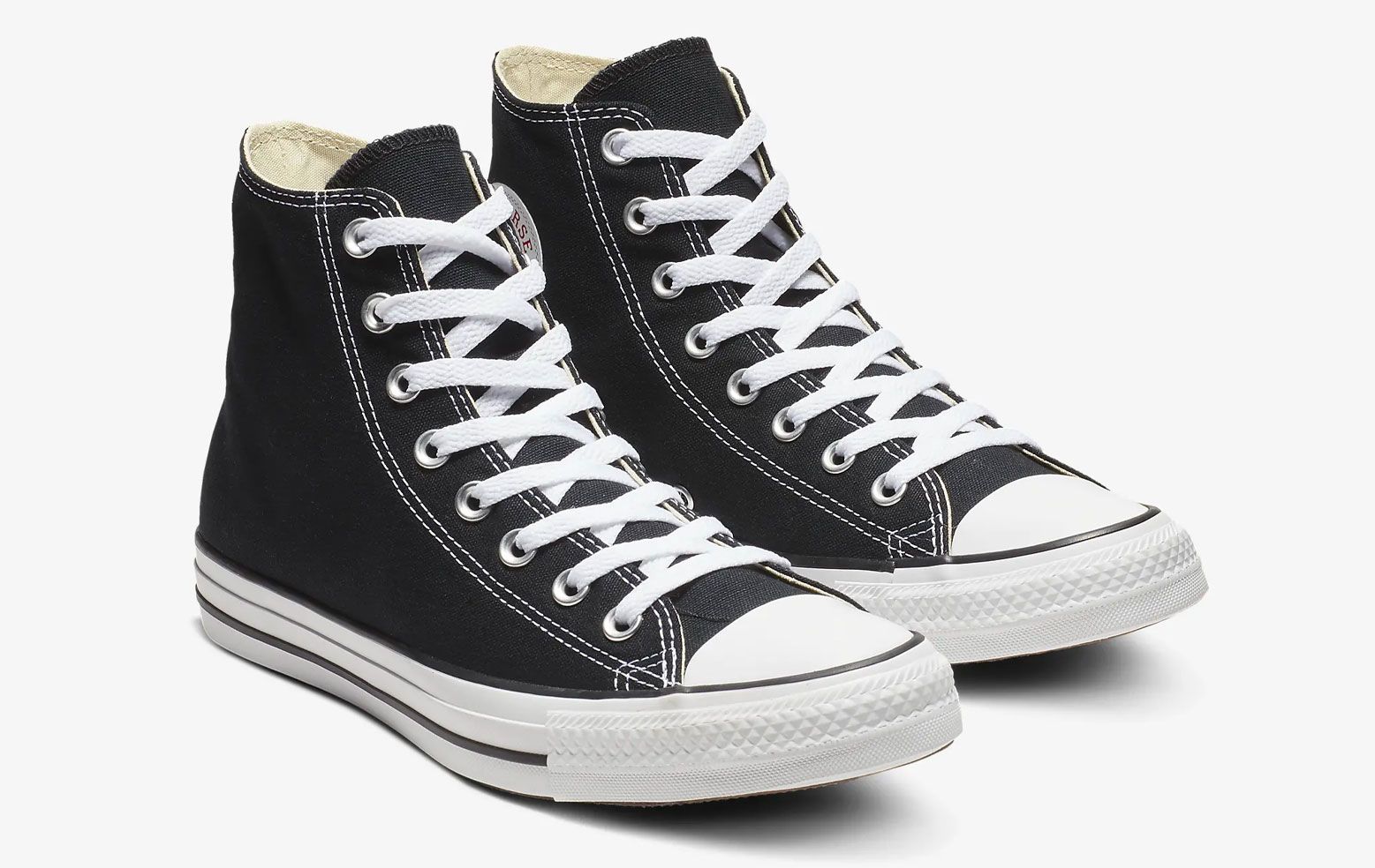Converse Chuck Taylor All Star Classic Hi "Black White" product image of a pair of black canvas high-tops with white rubber midsoles.