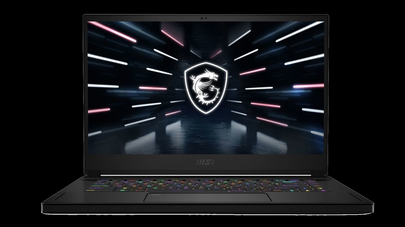 MSI Stealth GS66 product image of a black gaming laptop featuring multicoloured backlit keys.