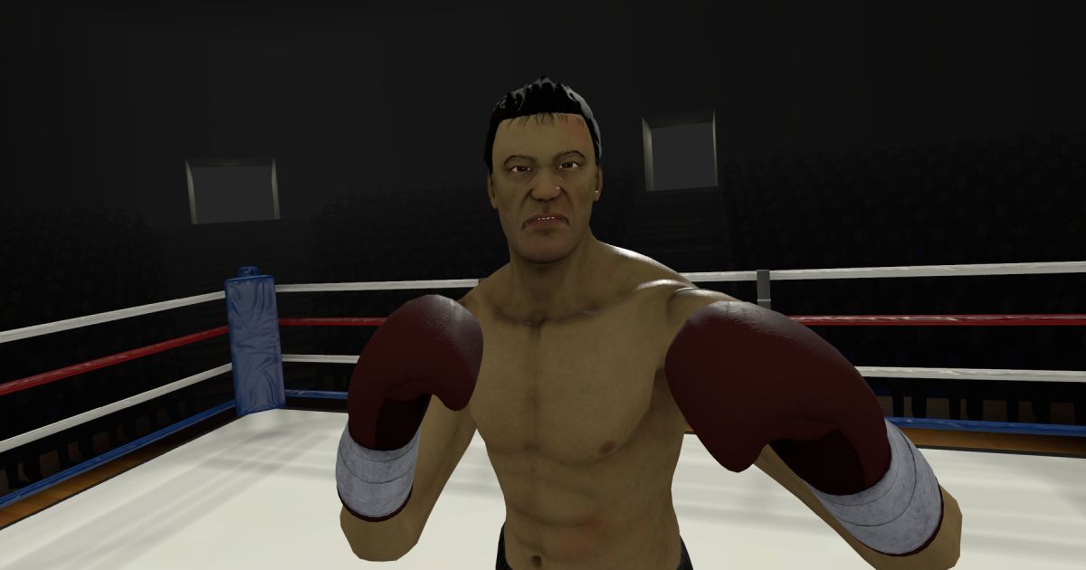A first-person shot from the VR game The Thrill Of The Fight, with a black-haired opponent in a white ring featuring red, white, and blue ropes in front.
