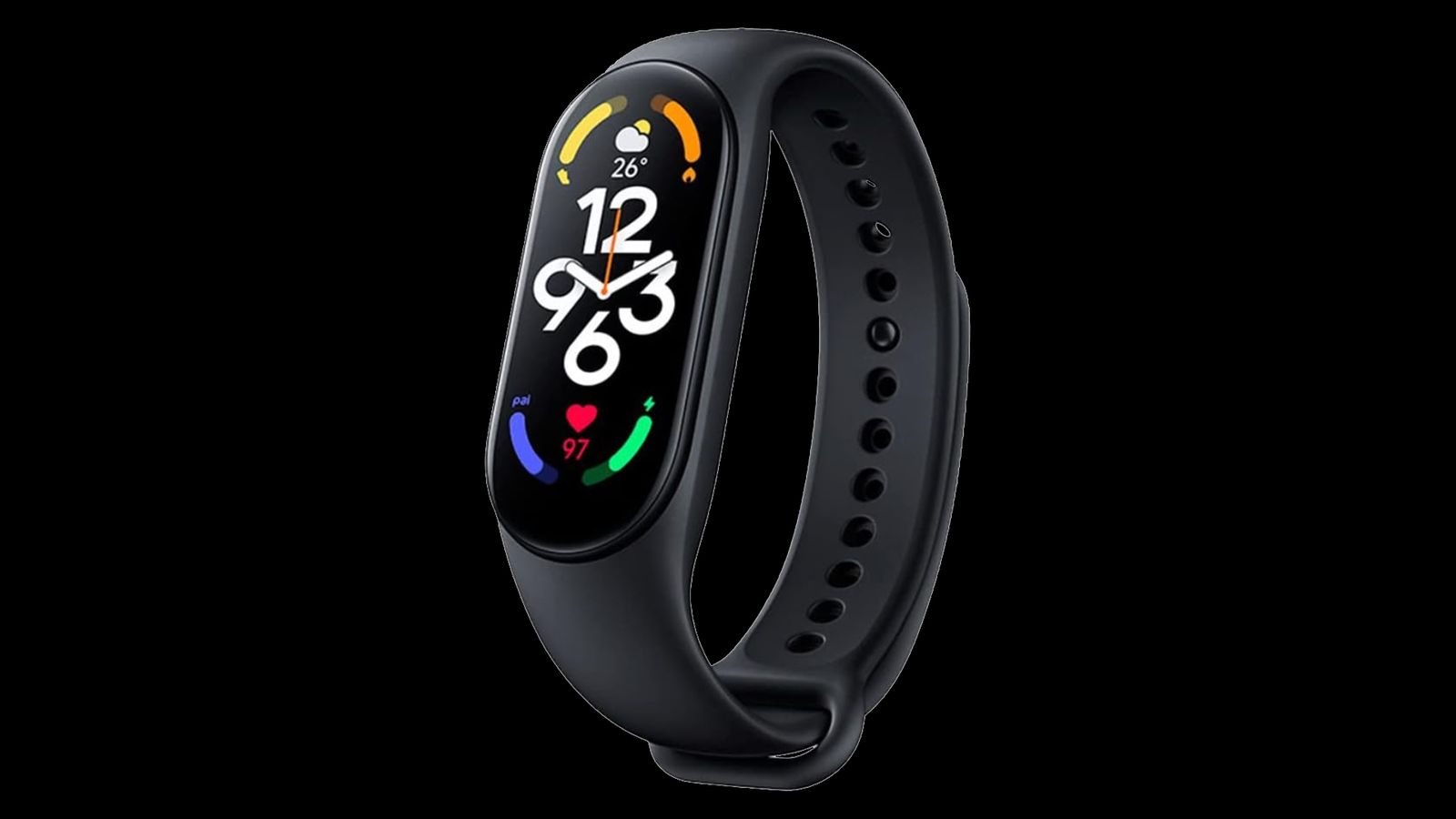 Best fitness trackers and watches - Xiaomi Mi Smart Band 7 product image of a black fitness tracker with the time in white on the display.