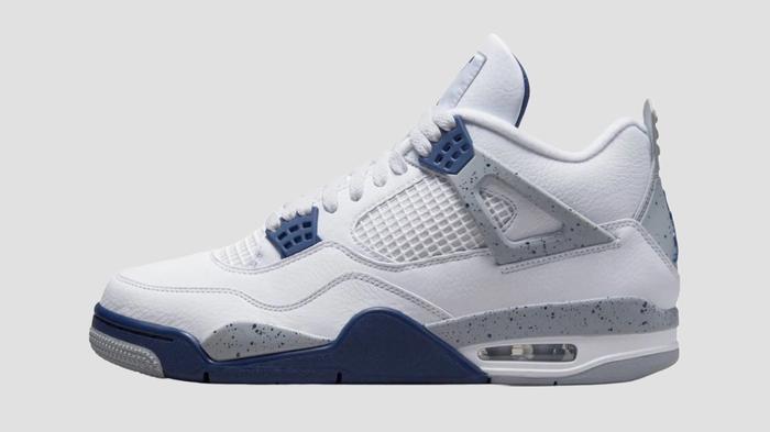 Best Jordan 4 colorway "Midnight Navy" product image of a white sneaker with grey and black speckled accents and navy blue details.