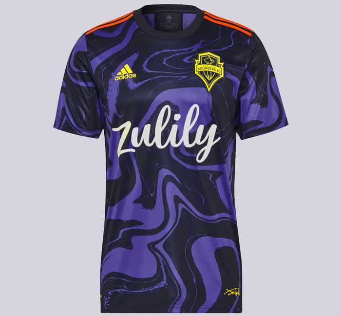 Best football kits 2021/22 Seattle Sounders Away kit product image of a purple kit with yellow and orange details.