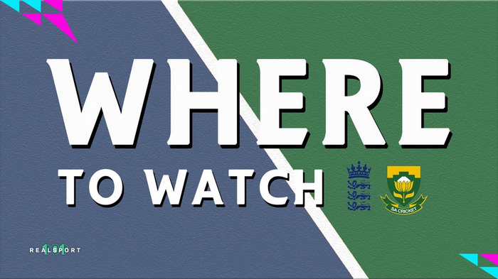 Where to Watch logo with England and South Africa Test cricket logos