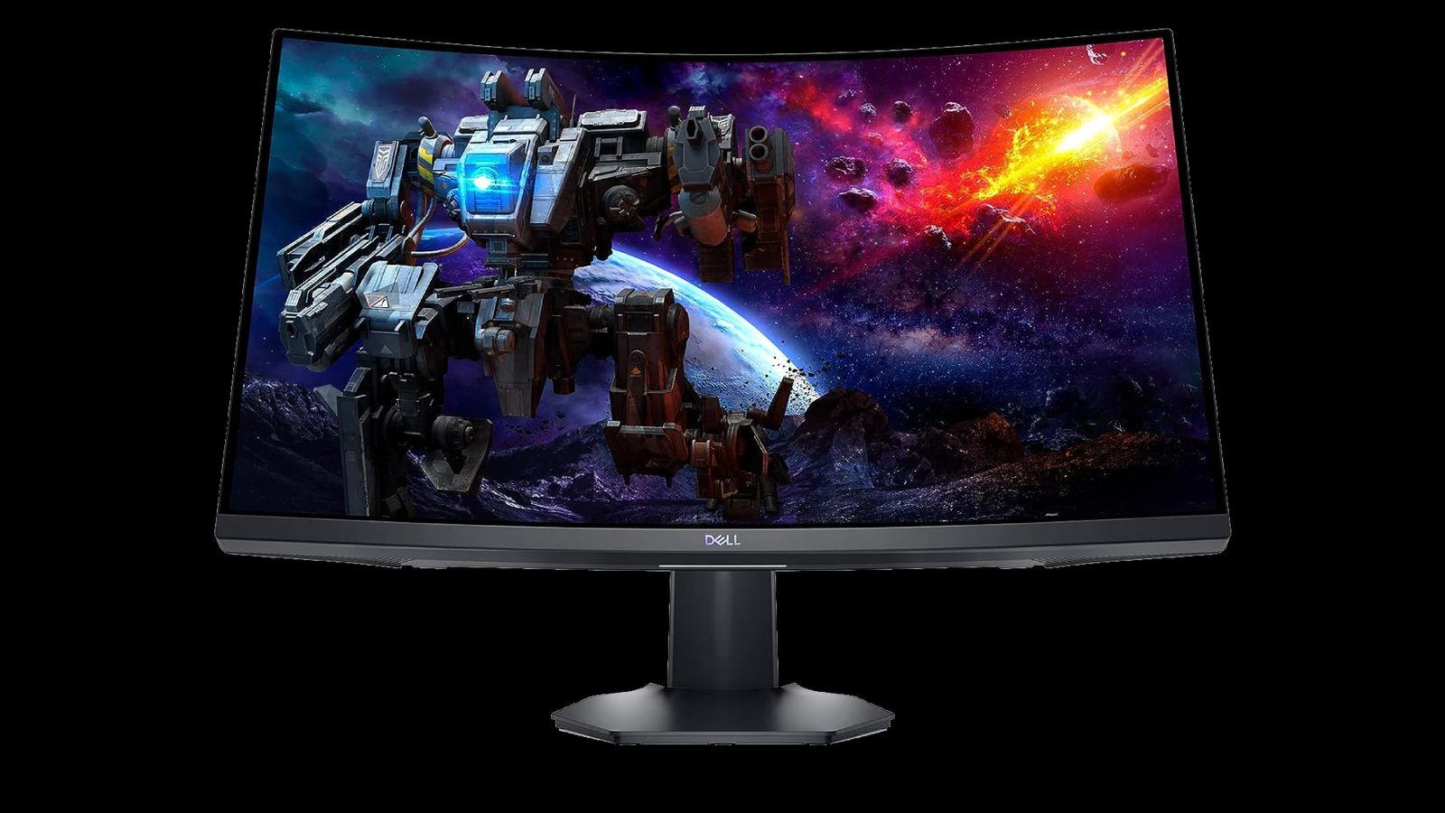 Dell S2722DGM product image of a black monitor with a robot in space on the display.