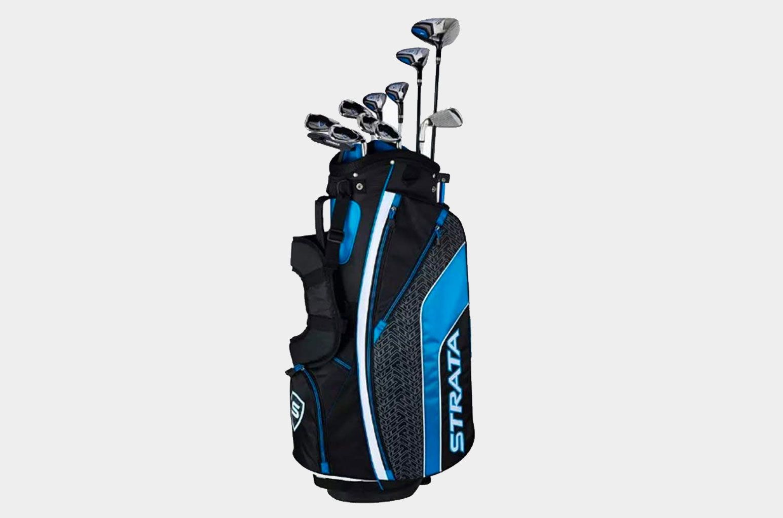 Callaway Strata Package Set product image of a complete set of clubs in a black, white, and blue golf bag.