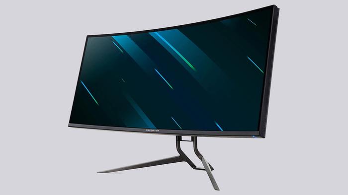 Best monitor for FIFA Acer Predator X38 product image of a black-framed display with a dark orange pattern on the display.