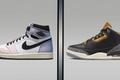 A white and black Jordan 1 High with faded gradient orange and blue details on the left. On the right, a black and white Jordan 3 with gold and elephant print trim.