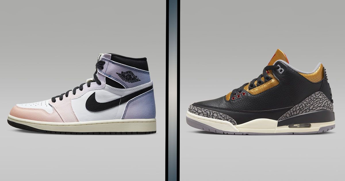A white and black Jordan 1 High with faded gradient orange and blue details on the left. On the right, a black and white Jordan 3 with gold and elephant print trim.