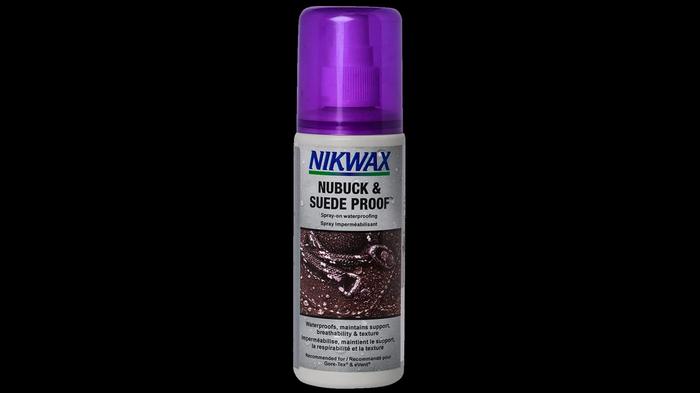 Best suede protector for shoes Nikwax product image of a grey spray can with a purple cap.
