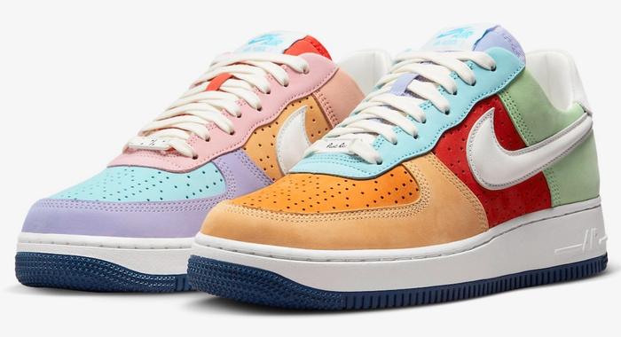 Best Air Force 1 Low "Puerto Rico Boricua" product image of a pair of mismatched, multi-coloured low-tops.
