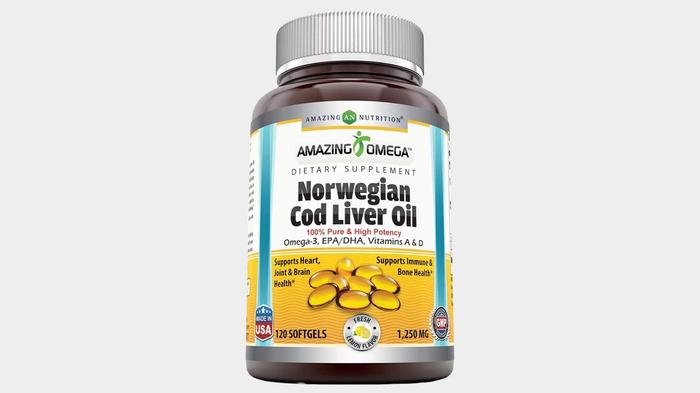 Best cod liver oil capsules Amazing Nutrition product image of a brown container with a white, yellow, silver, and blue label.